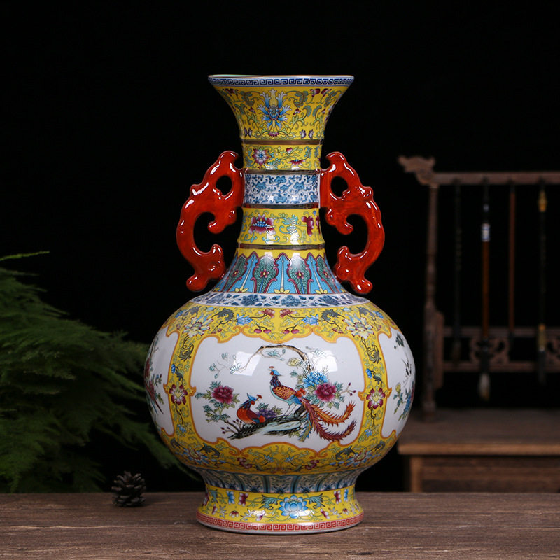 景德镇陶瓷花瓶仿古中式瓷器装饰品摆件工艺品珐琅彩开窗双耳赏瓶