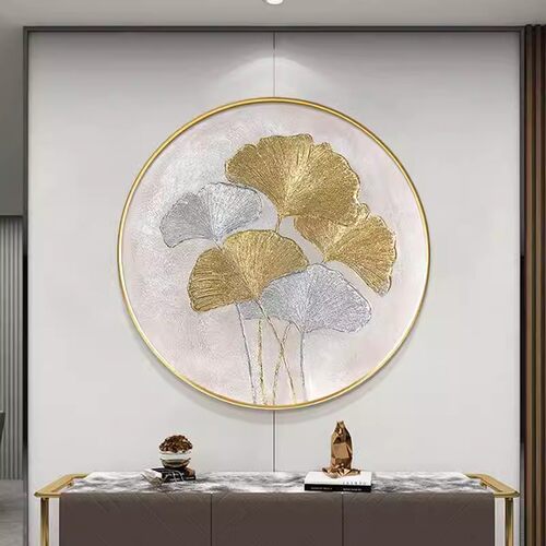 大芬村纯手绘油画金箔银杏叶圆形玄关装饰画入户轻奢现代简约挂画