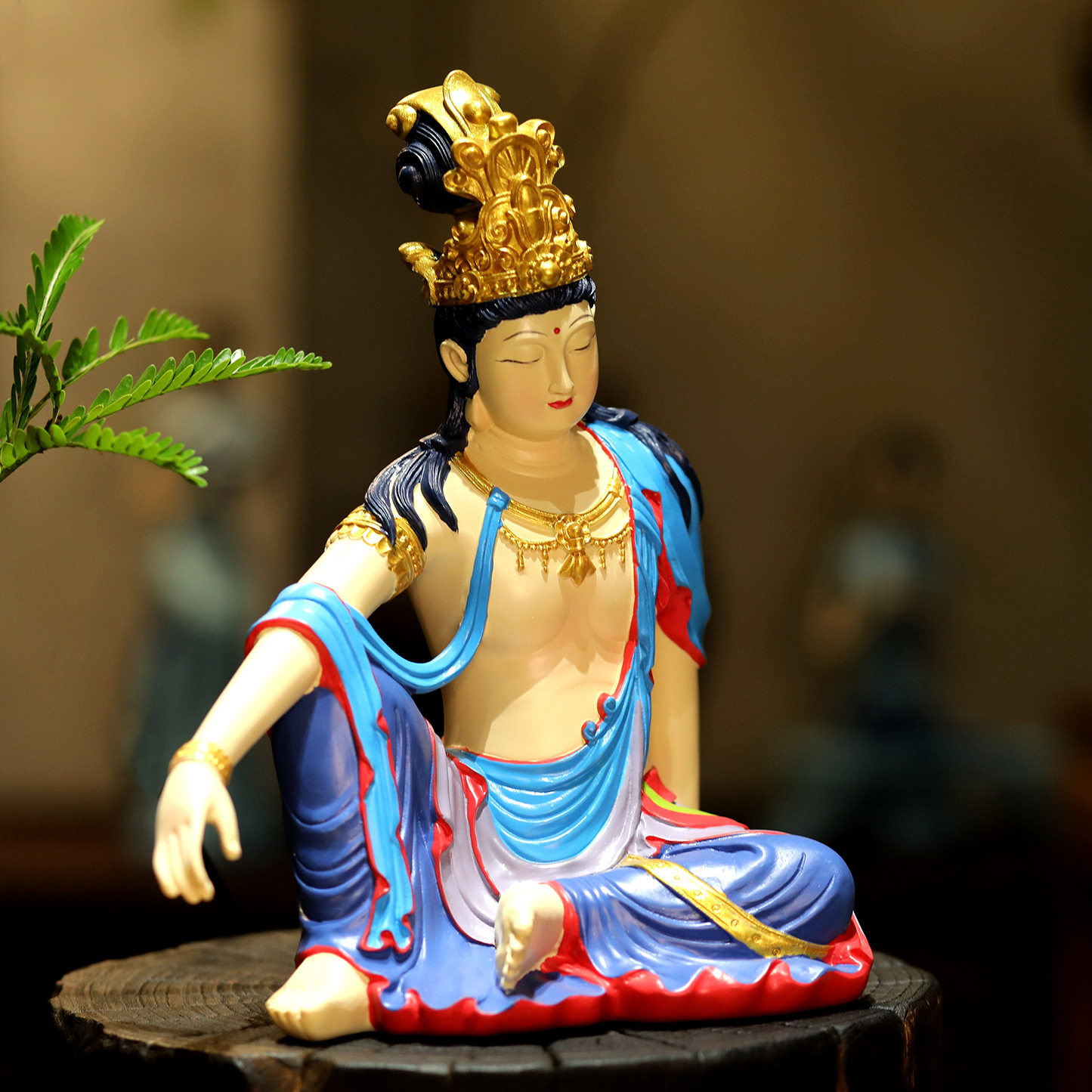 中式水月自在观音菩萨摆件佛像雕塑禅意中国风高端茶室玄关装饰品