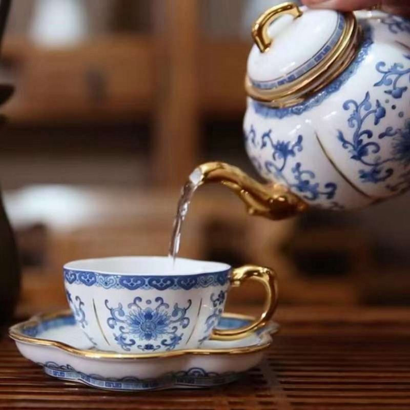 5头咖啡具套装景德镇描金英式下午茶咖啡杯壶镶金缠枝莲杯碟套装