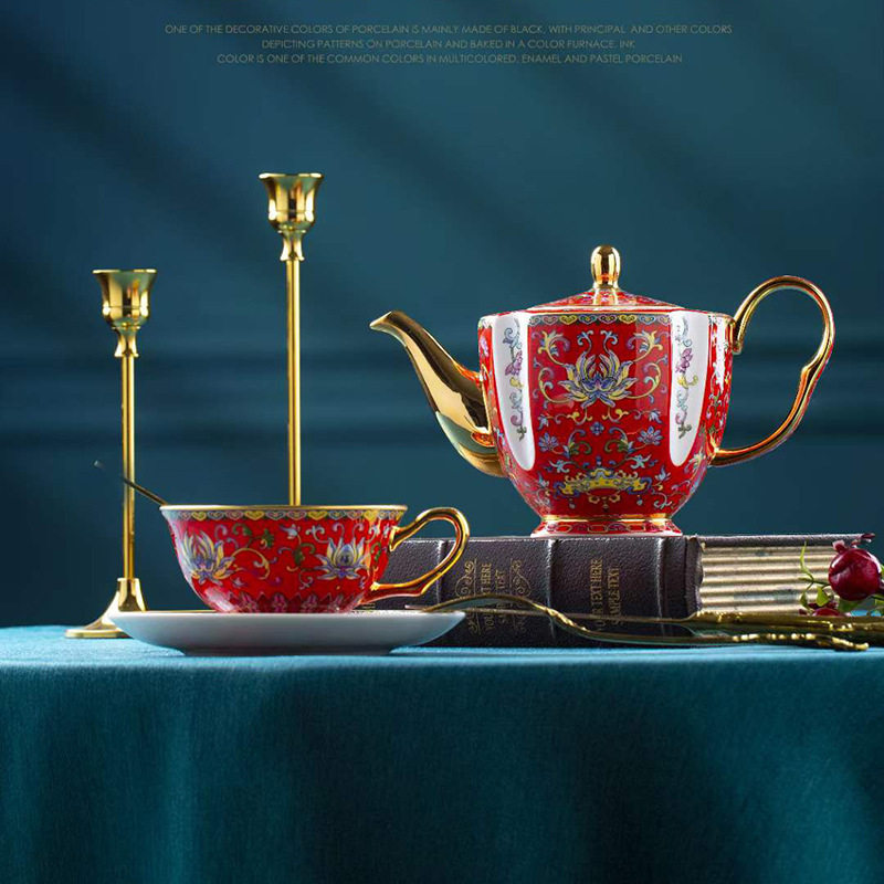咖啡具套装景德镇描金英式下午茶咖啡杯壶中国红珐琅彩杯碟套装