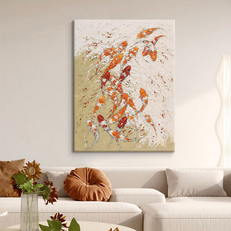 中古风砂岩红色锦鲤纯手绘油画立体鲤鱼装饰画客厅挂画玄关肌理画