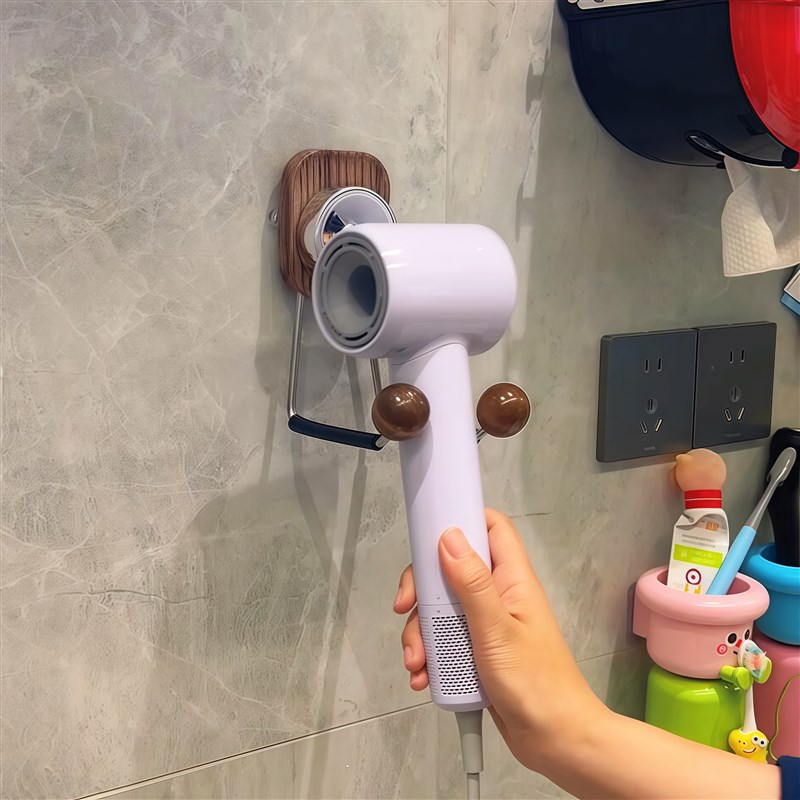 吹风机置物架免打孔吸盘卫生间胡桃木高级感壁挂式电吹风支架粘钩