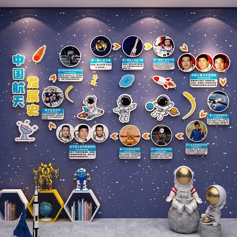 幼儿太空科技主题环创文化墙装饰中D国航天发展史教室背景布置墙