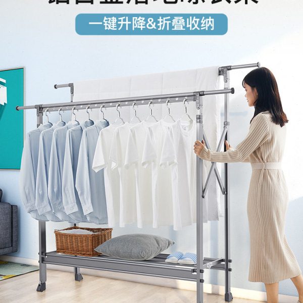 华峰香槟金灰色铝合金带轮子双杆2.5m伸缩升降1.6m晾衣架阳台室内图片