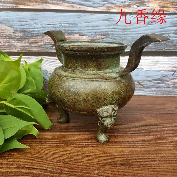 纯铜老包浆香炉官帽耳铜制三足长颈圆缸仿古大明宣德底款熏香摆件