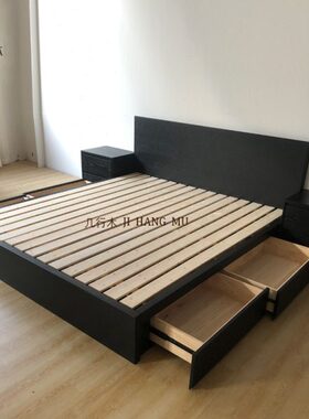 几行木黑色复古抽屉床全实木橡木箱体床现代简约主卧储物双人床