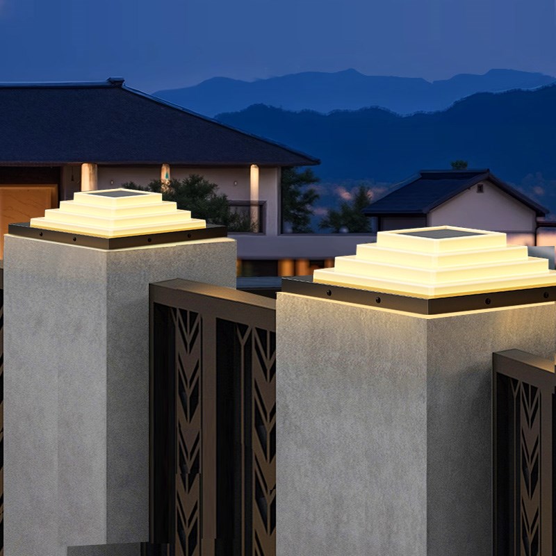 新款太阳能柱头灯金m字塔灯别墅门柱围棋花园防水柱头灯庭院景观