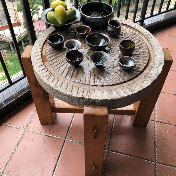 石磨老式茶台家用老石磨盘茶桌流水旧石磨木架复古中式庭院石磨桌