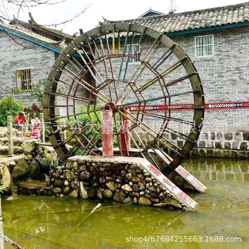户外景观防腐木造景水车公园水塘脚踏流水碳化木电动水车造景摆件