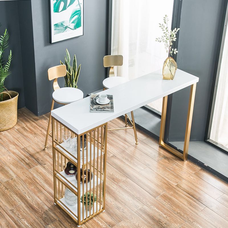 简约铁艺实木大理石靠墙小吧台隔断美G甲店长条家用金色桌椅组合