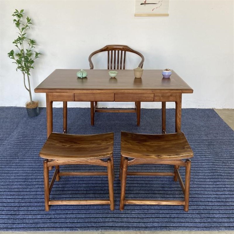 新中式实木茶g桌椅组合家用简约书桌写字台老榆木干泡台阳台小茶