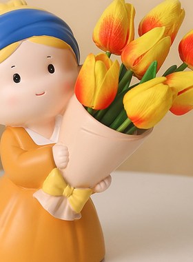 珍珠女孩捧花玄关收纳摆件创意公仔可爱I家居装饰桌面摆件乔迁礼