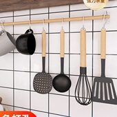 厨房挂钩免打孔挂杆厨房置物架锅铲勺子挂架原木风排钩壁挂式 收纳