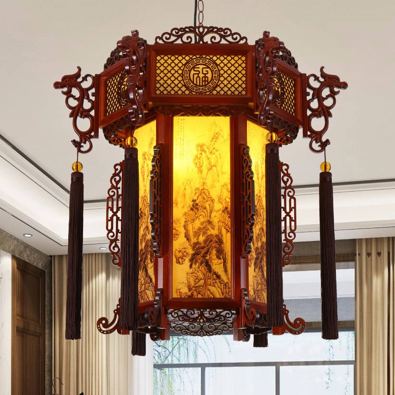 中式实木吊灯寺庙祠堂p别墅酒店会所长廊凉亭六角宫灯古典复古灯