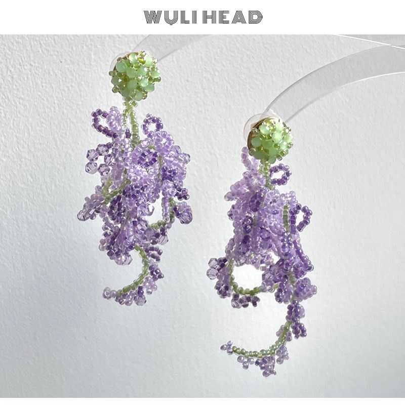 [ 无厘头 ] 紫藤花 自制油画感森系流苏手工串珠春夏耳钉耳环耳夹