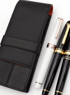 一航 三支装头层牛皮钢笔套保护套双色笔袋真皮笔帘橙色WANCHER