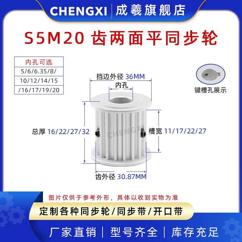无台S5M20齿双面平20S5M同步轮槽宽11/17J/22/27滑轮齿外径30.87