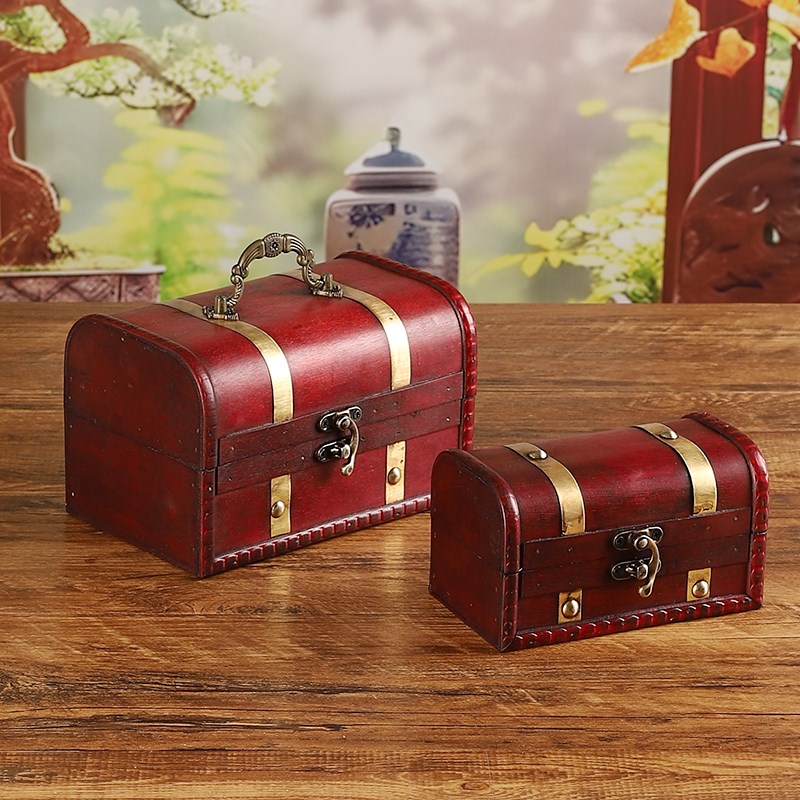 复古红色手提f小箱子带锁收纳盒仿古木盒首饰盒储物藏宝箱装饰摆