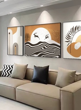 现代简约福鹿客厅装饰画三联组合沙发背景墙挂画抽象橙色线条壁画