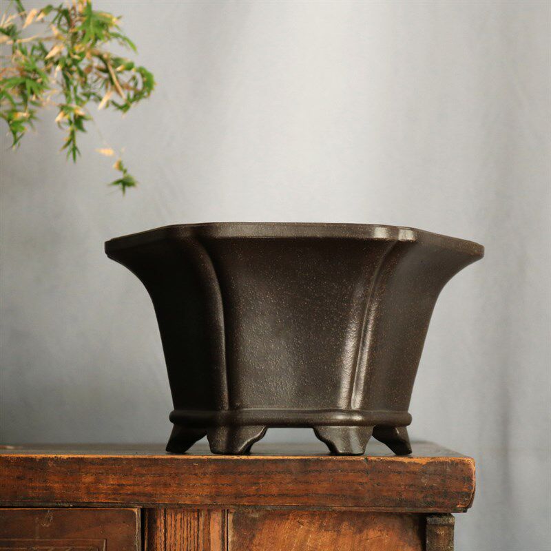 紫砂花盆六方大口莲花盆黑古铜泥内门竹松柏盆景兰花菖蒲苔藓