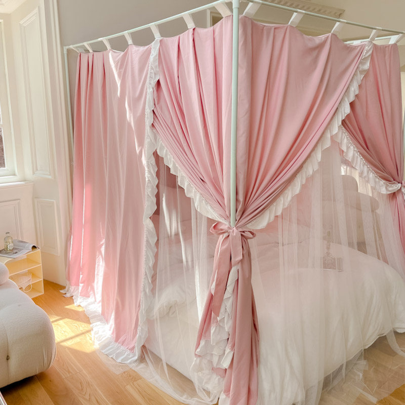 公主风双层遮光蚊帐1.8m家用防尘顶布床帘三开门落地支架卧室床幔