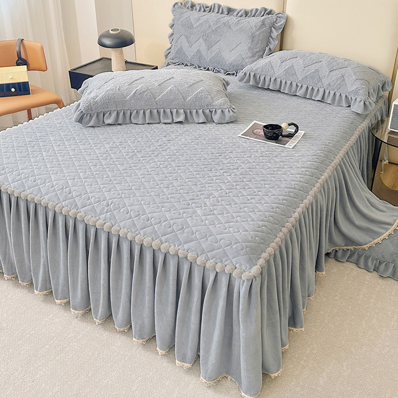 高级感纯色夹棉床裙单件荷叶边珊瑚水晶绒加厚床罩冬季防滑