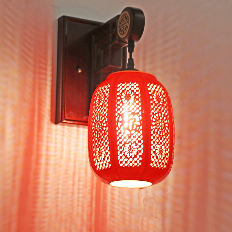 中式壁灯客厅卧室床头餐厅饭店仿古走廊红色灯笼壁灯陶瓷工程灯