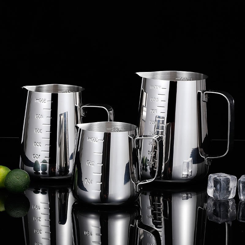 不锈钢尖嘴拉花杯缸带盖带刻度量304 咖啡拉花缸 打奶泡杯咖啡壶