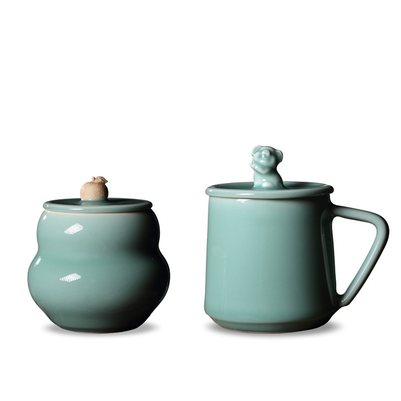 尚唐龙泉青瓷茶杯生肖带盖杯子陶瓷一杯一茶叶罐便携水杯猪年年礼