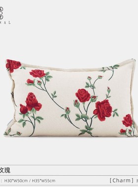 沙漠玫瑰Charm高级法式红色玫瑰本色棉麻刺绣四季靠垫腰枕