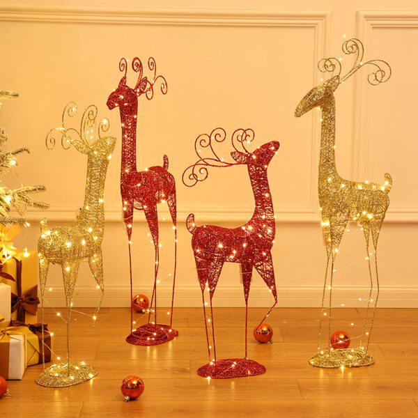 发光圣诞鹿铁艺对鹿麋鹿藤鹿摆件小鹿拉车节庆场景布置橱窗装饰品