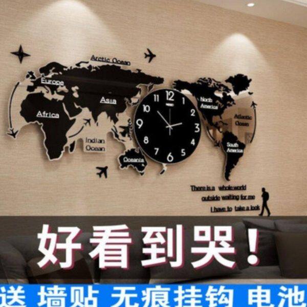 创意北欧简约挂钟亚克力大号世界地图时钟客厅静音壁钟表开业礼物