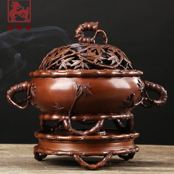 铜聚德 纯铜竹节连座香薰炉 纯紫铜手工仿古香道佛具用品铜熏香炉