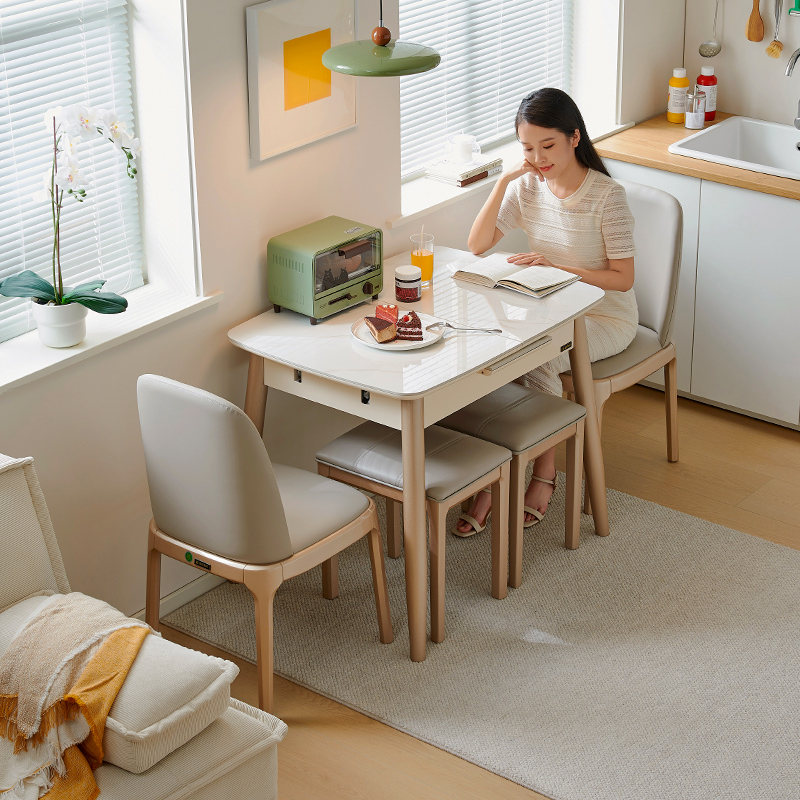 餐桌可伸缩家用小l户型现代简约省空间岩板折叠轻奢长方形吃饭桌