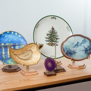 盘子展示黄摆支架实木底座瓷盘架装饰盘收奖架唱片托架纳牌铜件
