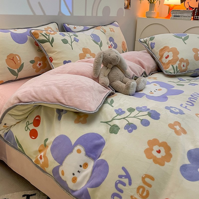 牛奶绒被套加绒床单三件套冬季珊瑚绒面I1.8米被罩冬天床笠四件套