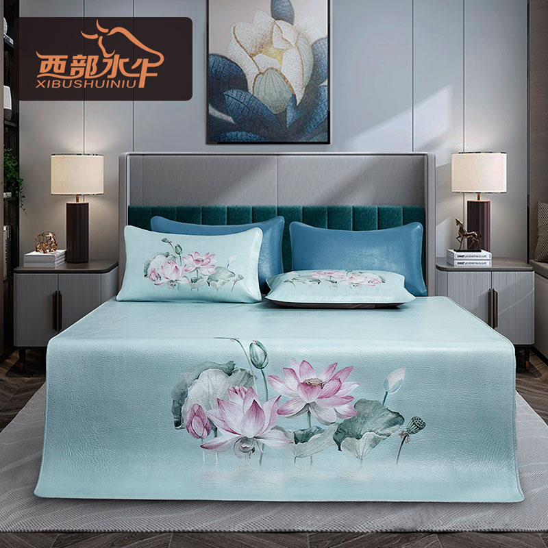 【超厚】头层牛皮凉席可q折叠真皮彩绘席子1.5米1.8m床上三件套软