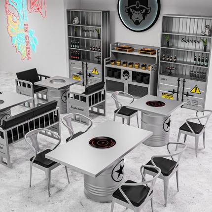 不锈钢火锅桌韩式炭火烤肉网红烧烤店商用铁艺油桶餐桌桌椅组合