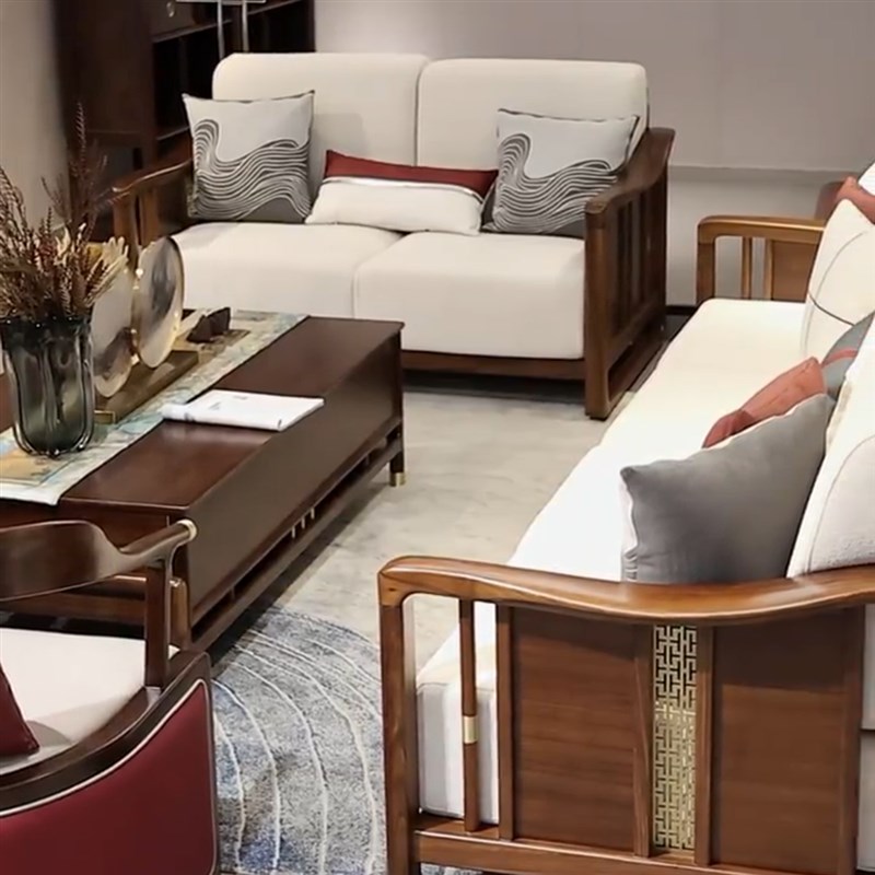 新中式乌金木沙发实木茶几组x合布艺沙发小户型客厅别墅家具定制