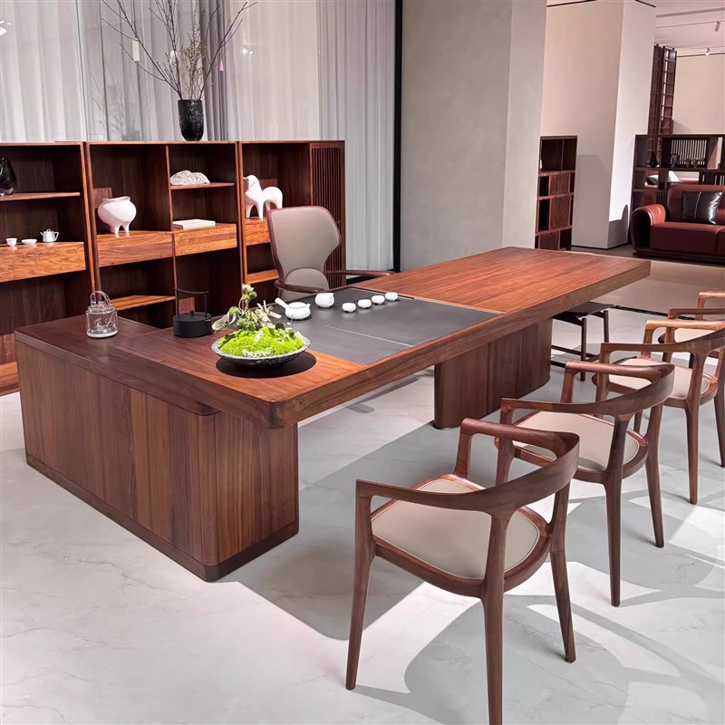 宋式美学黑胡桃木茶桌新中式轻奢多功能办公喝茶茶台一体酒店茶室