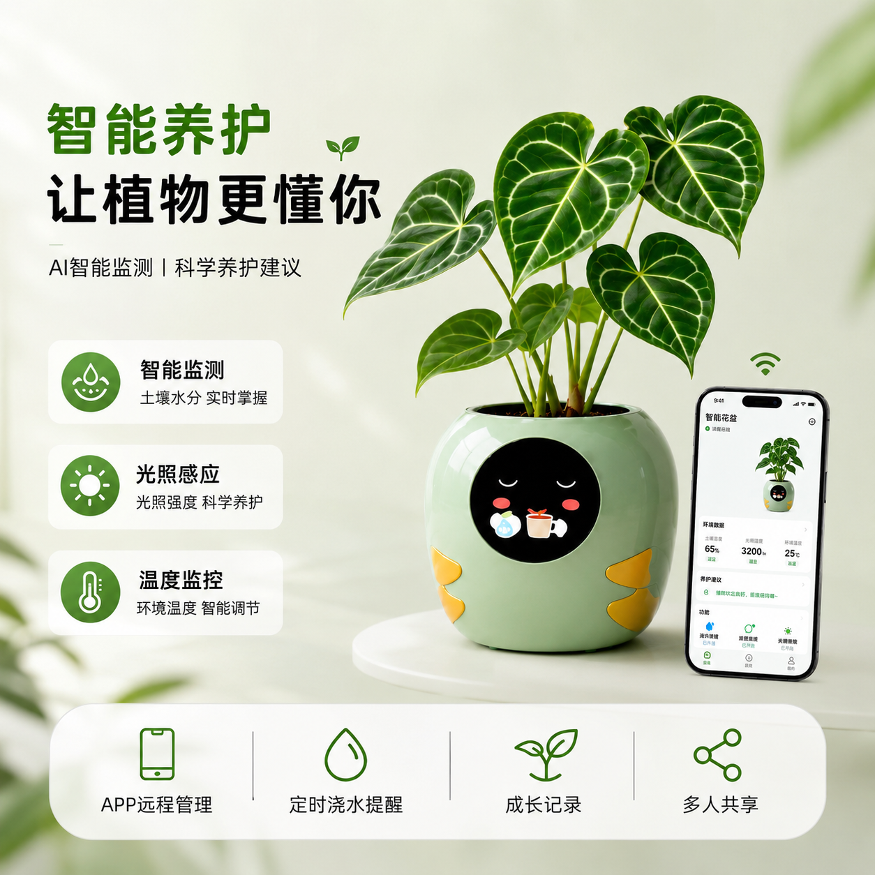 智能花盆AI绿植桌面摆件智能养护