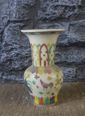 仿古瓷器 复古做旧明成化风格 斗彩鸡趣图花觚 古董古玩摆件收藏