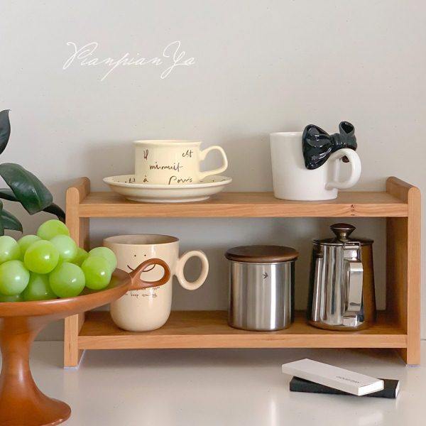 4TXN双层实木收纳架樱桃木榉木桌面茶具杯子置物架公室书桌,收纳整理,书桌收纳置物架,淘宝优惠券,粉丝福利购,淘宝优惠卷