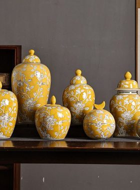黄色将军带盖陶瓷花温烧制可水培装饰摆件级感 陶瓷饰品
