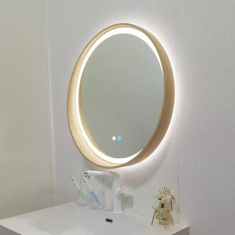 北欧镜子浴室镜实木圆形梳妆镜洗手D间镜子带置物架壁挂圆镜子带