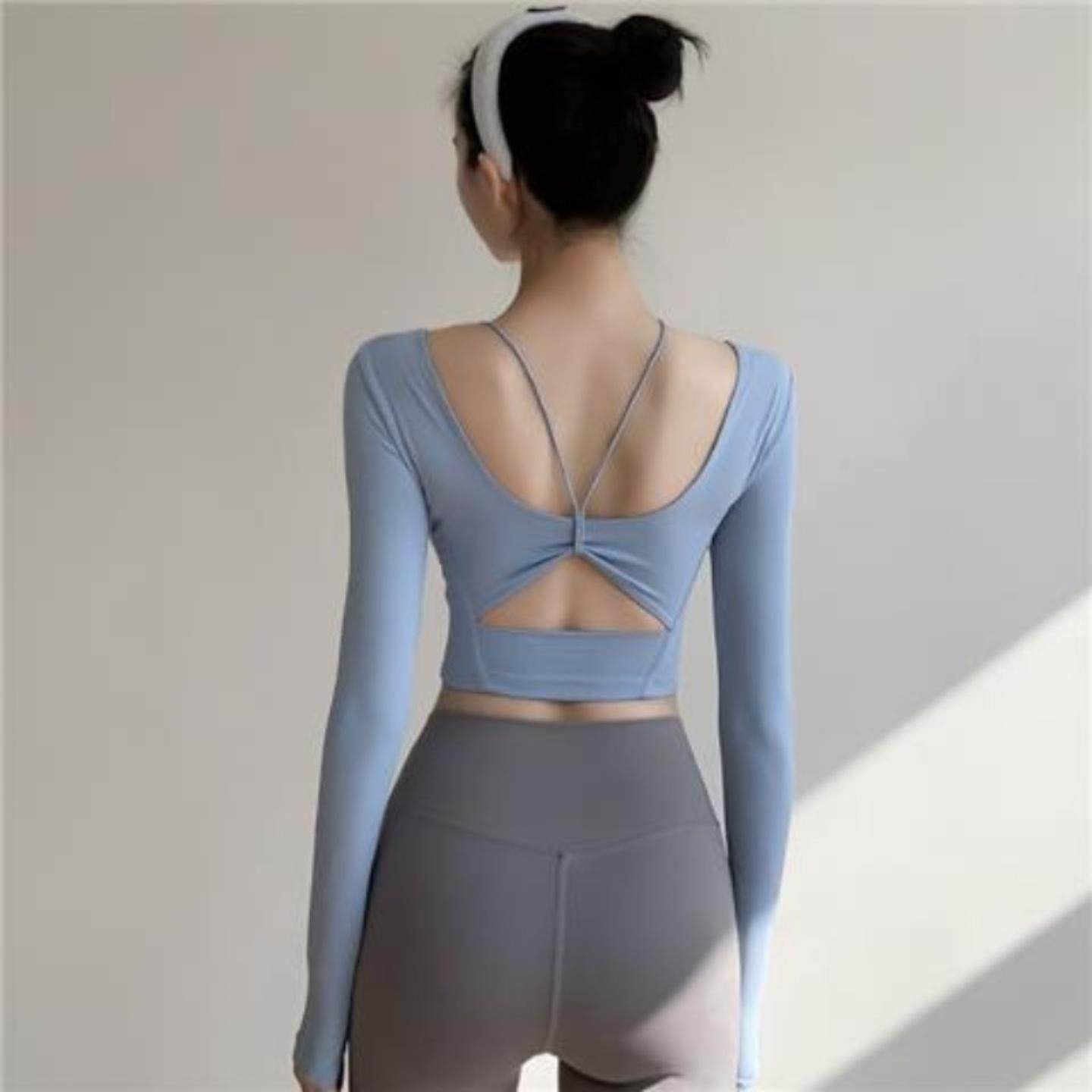 带胸垫长袖恤瑜伽服女性感镂空美背紧身显瘦运动跑步健身短上衣