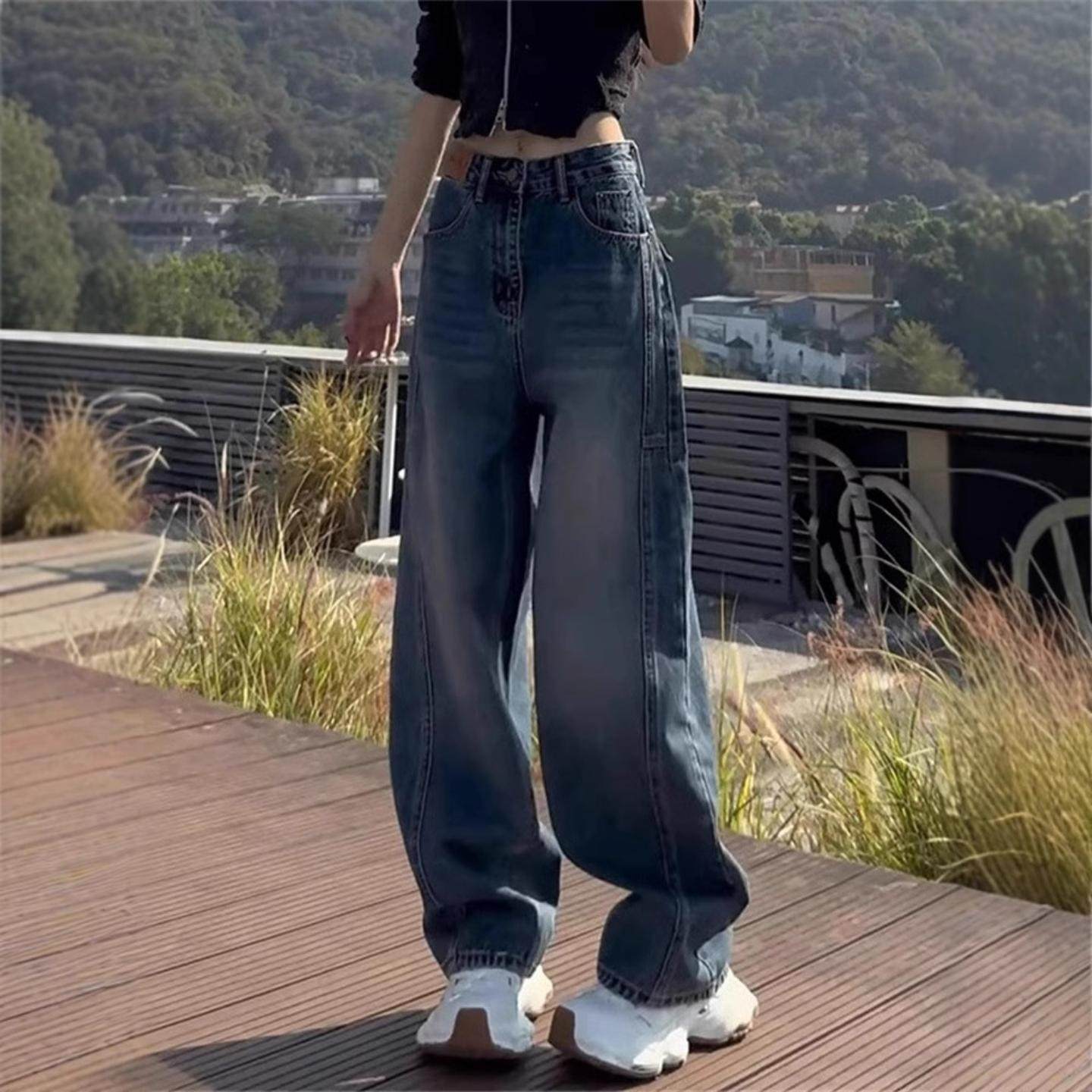 大码欧货弯刀牛仔阔腿裤