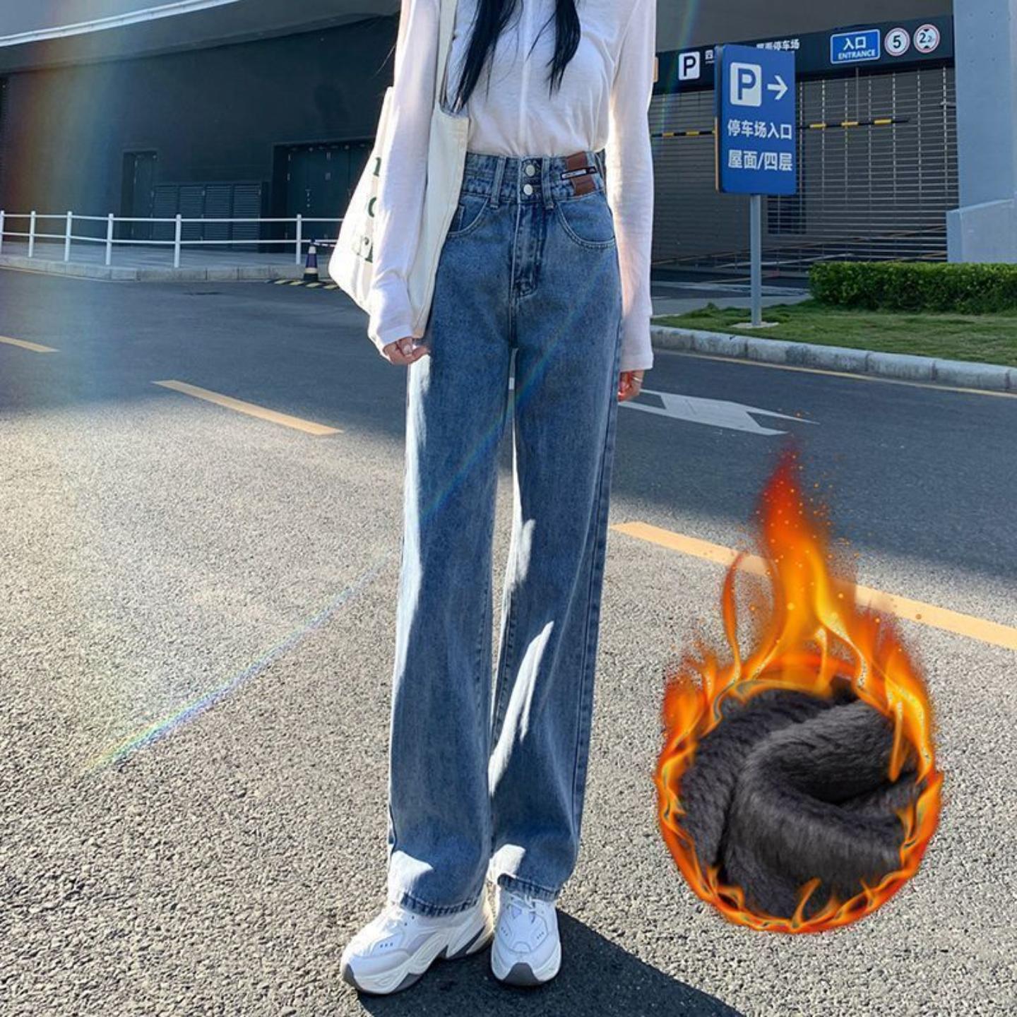 加绒加厚韩版宽松高腰阔腿牛仔裤女冬季新款直筒显瘦垂感拖地裤子