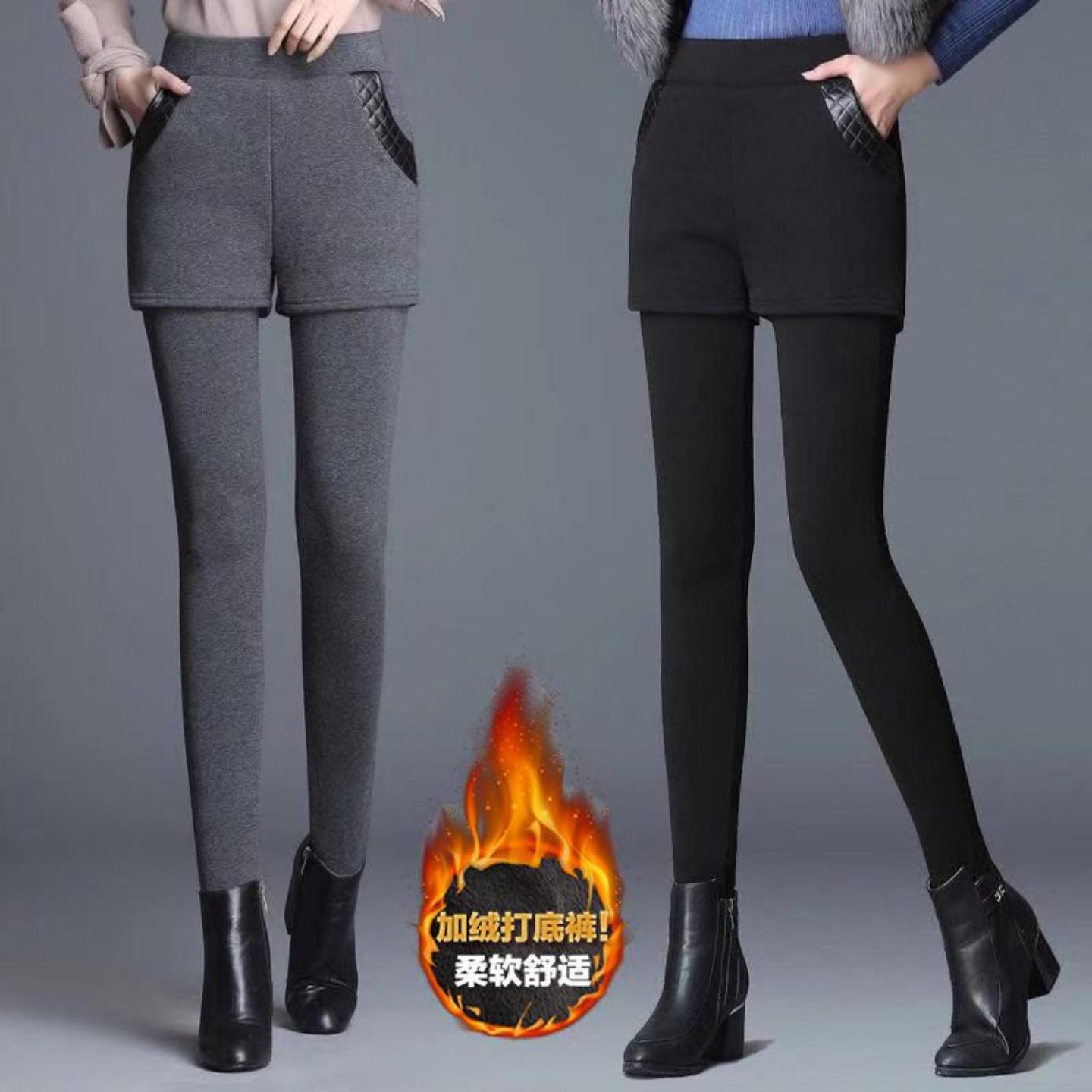 假两件打底裤女外穿春秋冬加绒加厚一体高腰短裤女裤保暖棉裤